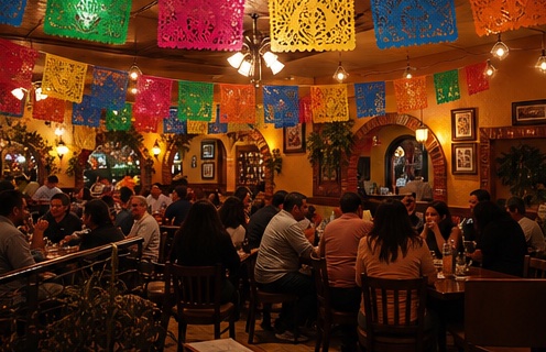 The Vallarta dining room glowing under papel picado and lantern light