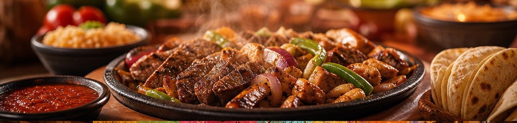 A wide platter of mixed fajitas with tortillas and salsas