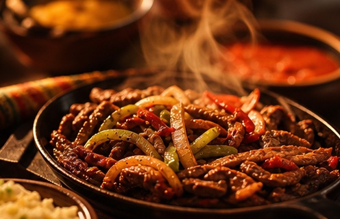 Sizzling fajitas in a cast-iron skillet