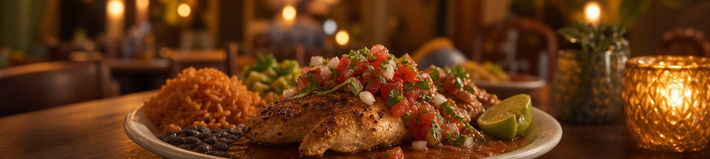 A finished plate of grilled chicken, rice and guacamole